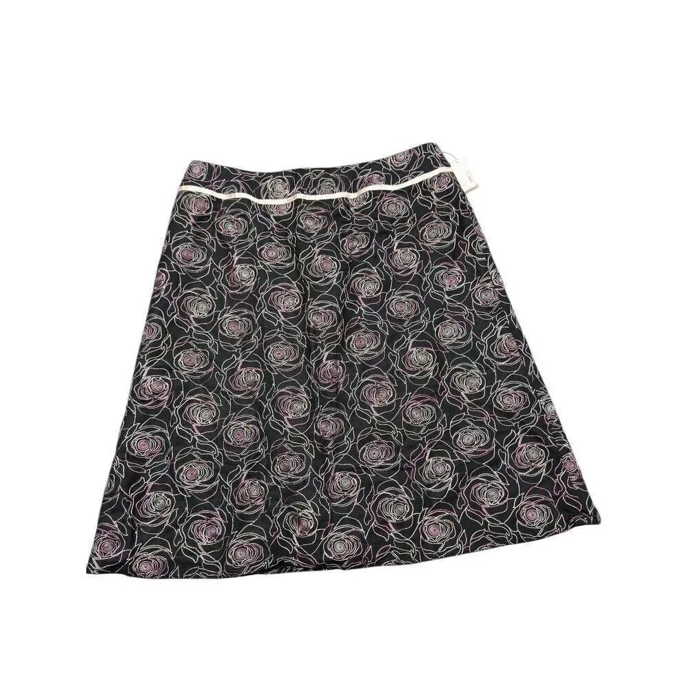 NWT Dressbarn Black Linen Rayon Midi A Line Embroidered Skirt Satin Trim Women's